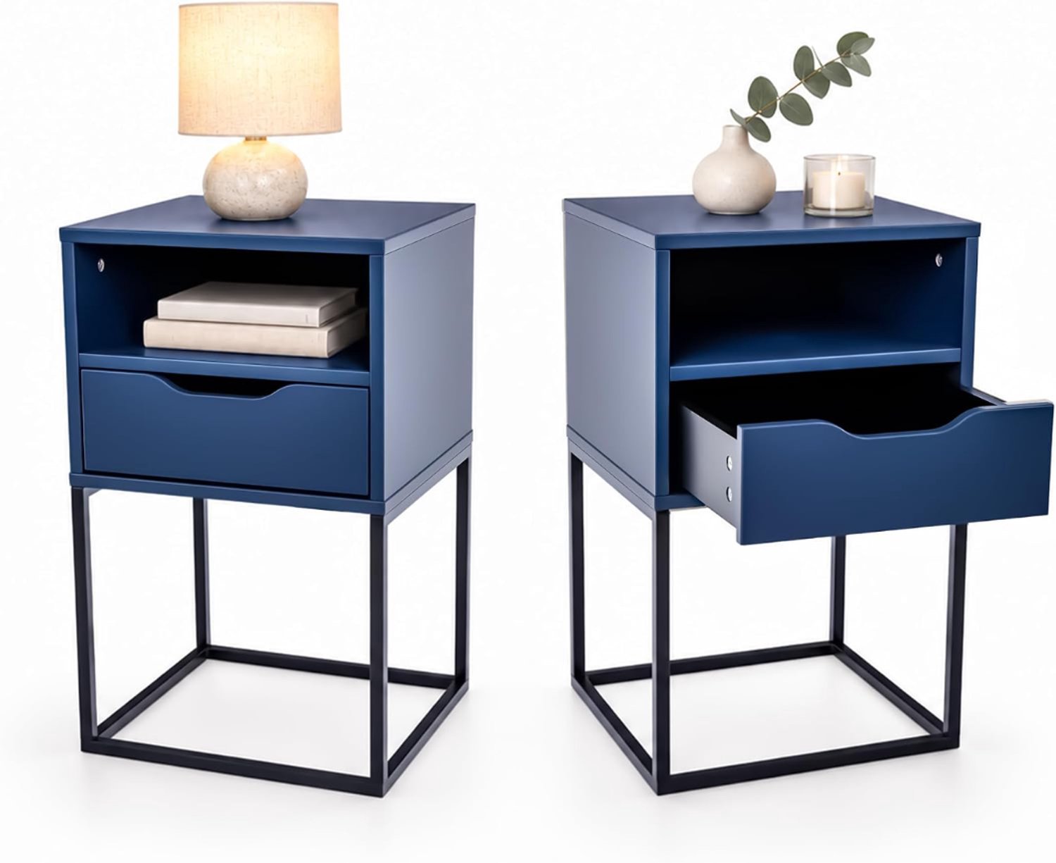 KLS® Nachtkastje - Nachtkastje Hout - Nachtkastje Lamp - Blauw - 38cm x 36cm x 63cm