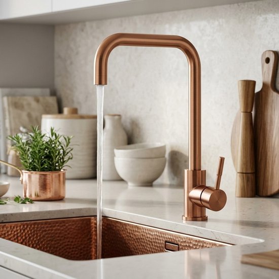 Koperkleurige Pure.Sink keukenkraan met stromend water boven een gehamerde koperen spoelbak.