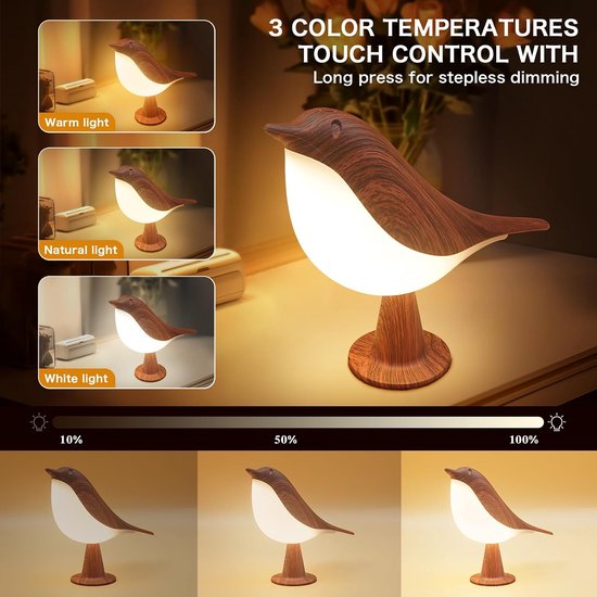 Little Bird-bureaulamp - Nachtlampje voor kinderen - Draadloze bureaulamp - Oplaadbaar - 3 kleurtemperaturen & aanraaksensor - Geschikt voor kinderen, slaapkamers, naast het bed en buitengebruik - Bruin — afbeelding 2