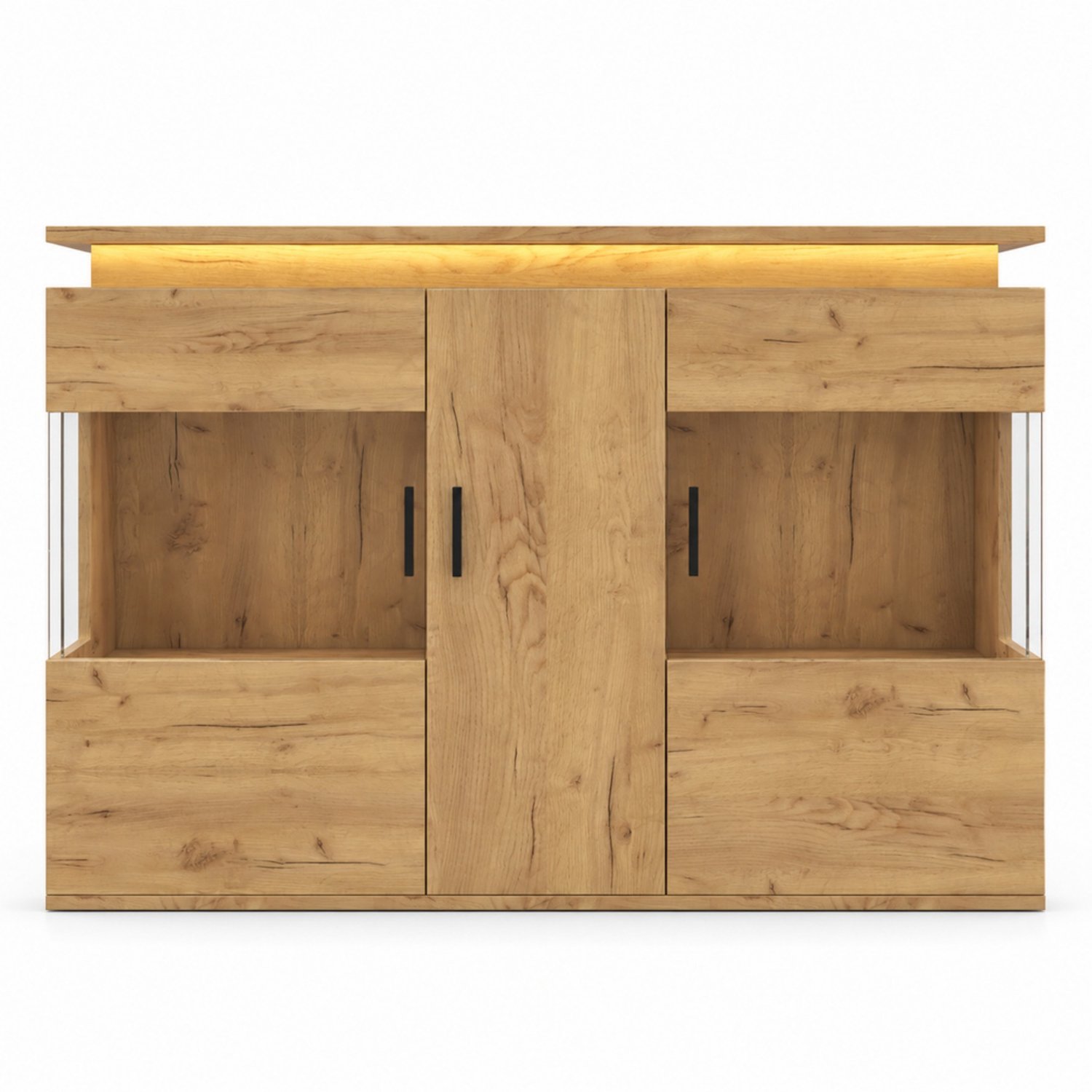 LONG DRAGON – Dressoir – LED-verlichting, glazen deuren en USB-C-aansluiting – Licht eikenkleur – 120 × 40 × 79,5 cm