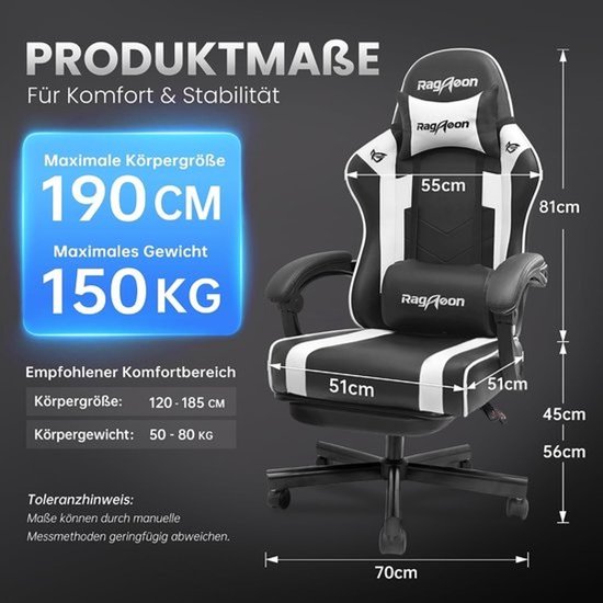 Ergonomische gamingstoel - Comfortabel zitten - Voor lange sessies - Verstelbare rugleuning - 55 x 130 cm - Zwart — afbeelding 3