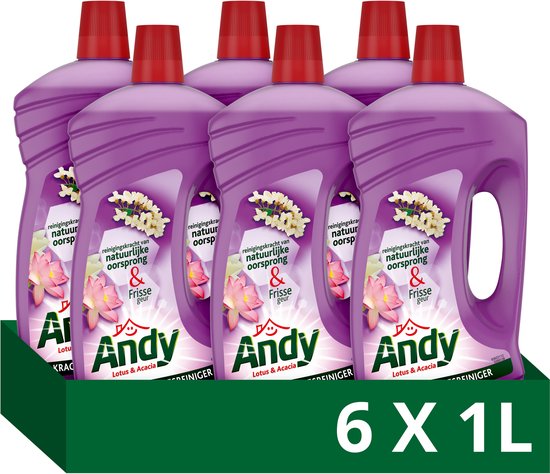 Voordeelverpakking met zes flessen Andy allesreiniger Lotus & Acacia in een groene doos met tekst 6 x 1L.