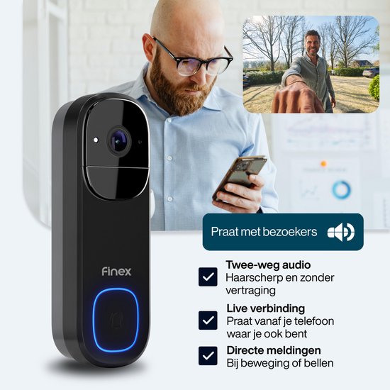 Finex Video Deurbel V3 - 4K Ultra HD - Inclusief Binnenbel & SD kaart (32GB) - AI bewegingsdetectie - Geen abonnement - Vast stroom of Batterijen - WiFi - T-ring geluid - Slimme Draadloze Video Deurbel Met Camera — afbeelding 3