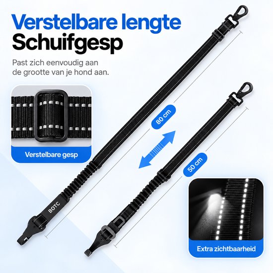 Zwarte verstelbare hondengordel, 50-80 cm, met reflecterende stiksels voor extra zichtbaarheid.