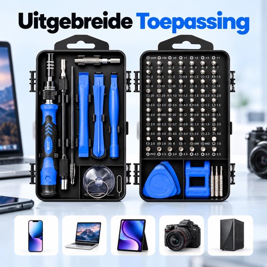 Uitgebreide BOTC-set met diverse bits voor laptops, telefoons, tablets en camera's.