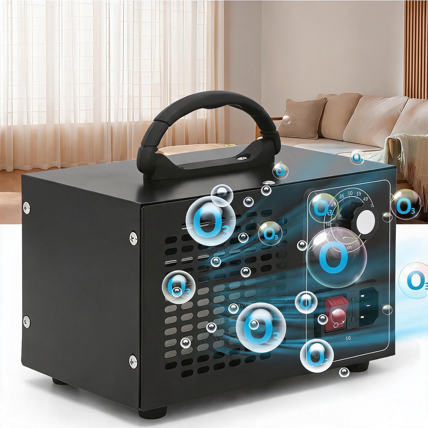 Ozongenerator 60000 mg/u - Ozonmachine 60G - Luchtreiniger met Ozon - Timer 5-60 Minuten - Metalen Behuizing - Met Ventilator en Handgreep - Voor Auto, Woning en Kantoor