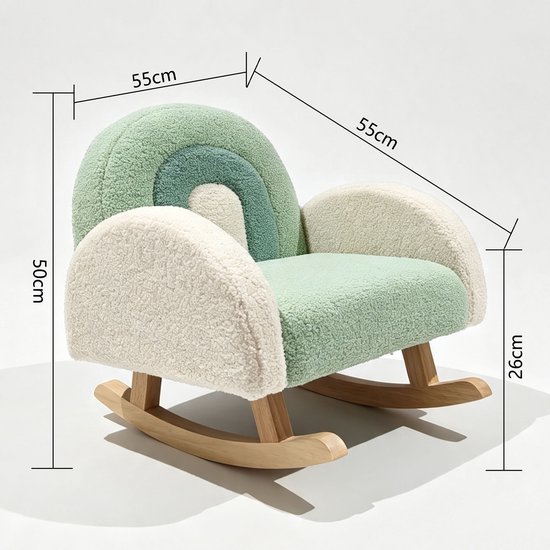 Sunny Filou Kinderschommelstoel Teddy Groen – 55 x 55 x 50 cm – Kinderstoel met Regenboogdesign – Kinderfauteuil met Schommelfunctie – Houten Frame – Max. 100 kg – Peuterstoeltje voor Binnen vanaf 3 jaar — afbeelding 3