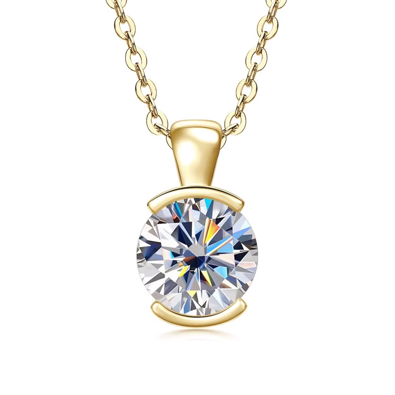 Selevie Ketting Goud met Ronde Solitaire Moissanite – 2 ct – Luxe Hanger – Diamond Look Golden Necklace