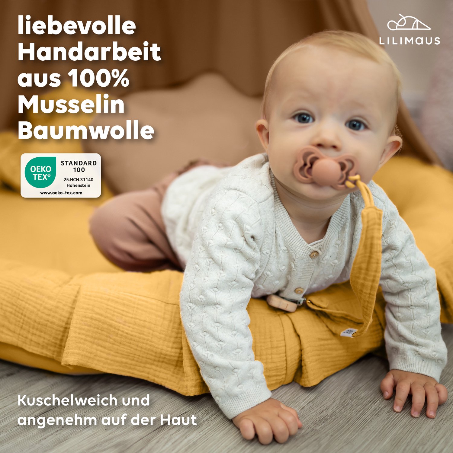 LILIMAUS Vloerkussen rond kinderkamer met ruche - ca. 90 cm - mousseline katoen - geel