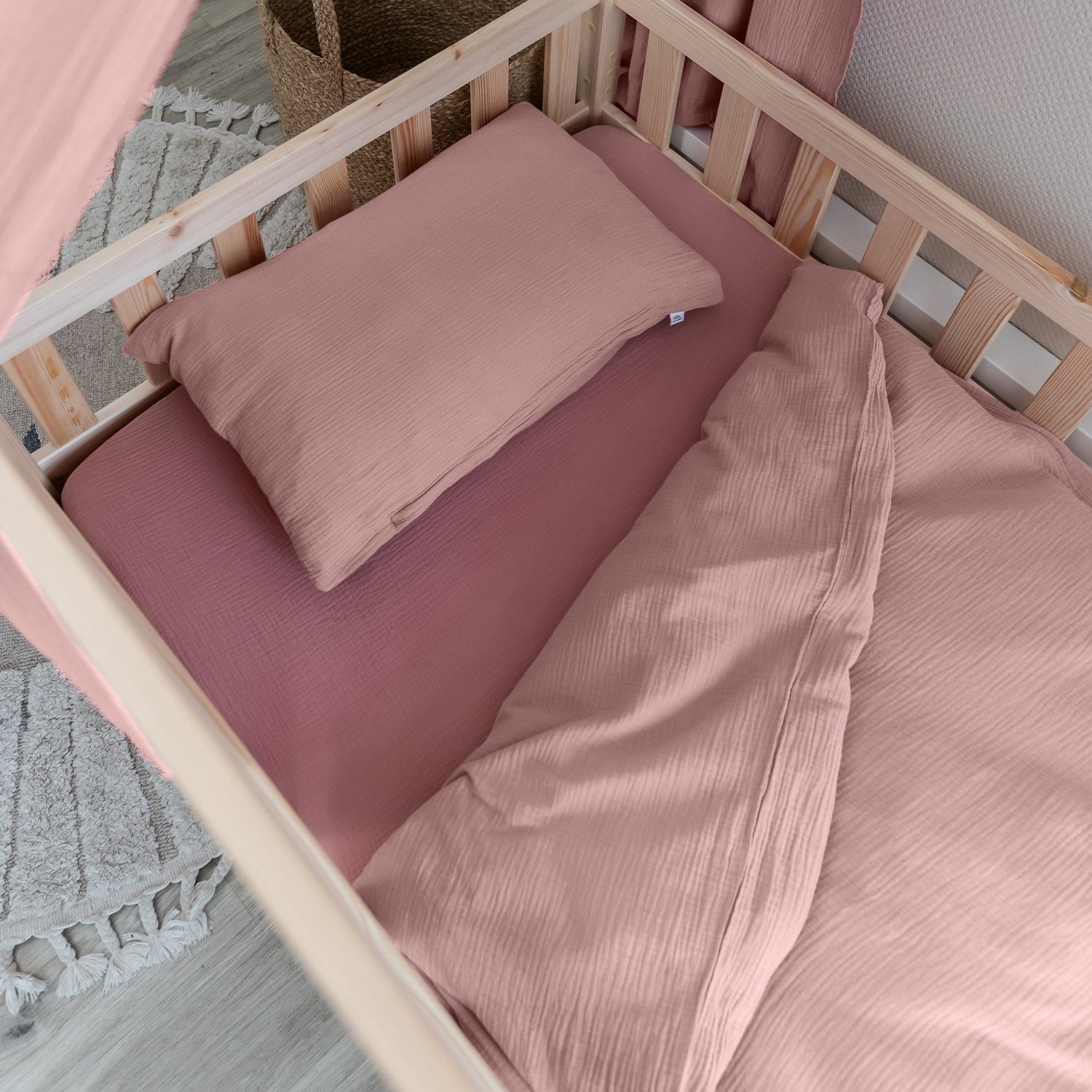 LILIMAUS Kinderdekbedovertrek 135 x 200 cm (Duitse maat) met kussensloop 80 x 80 cm - mousseline katoen - poederroze