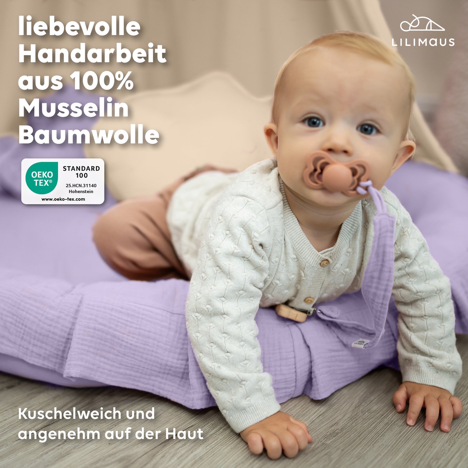 LILIMAUS Vloerkussen rond kinderkamer met ruche - ca. 90 cm - mousseline katoen - lila
