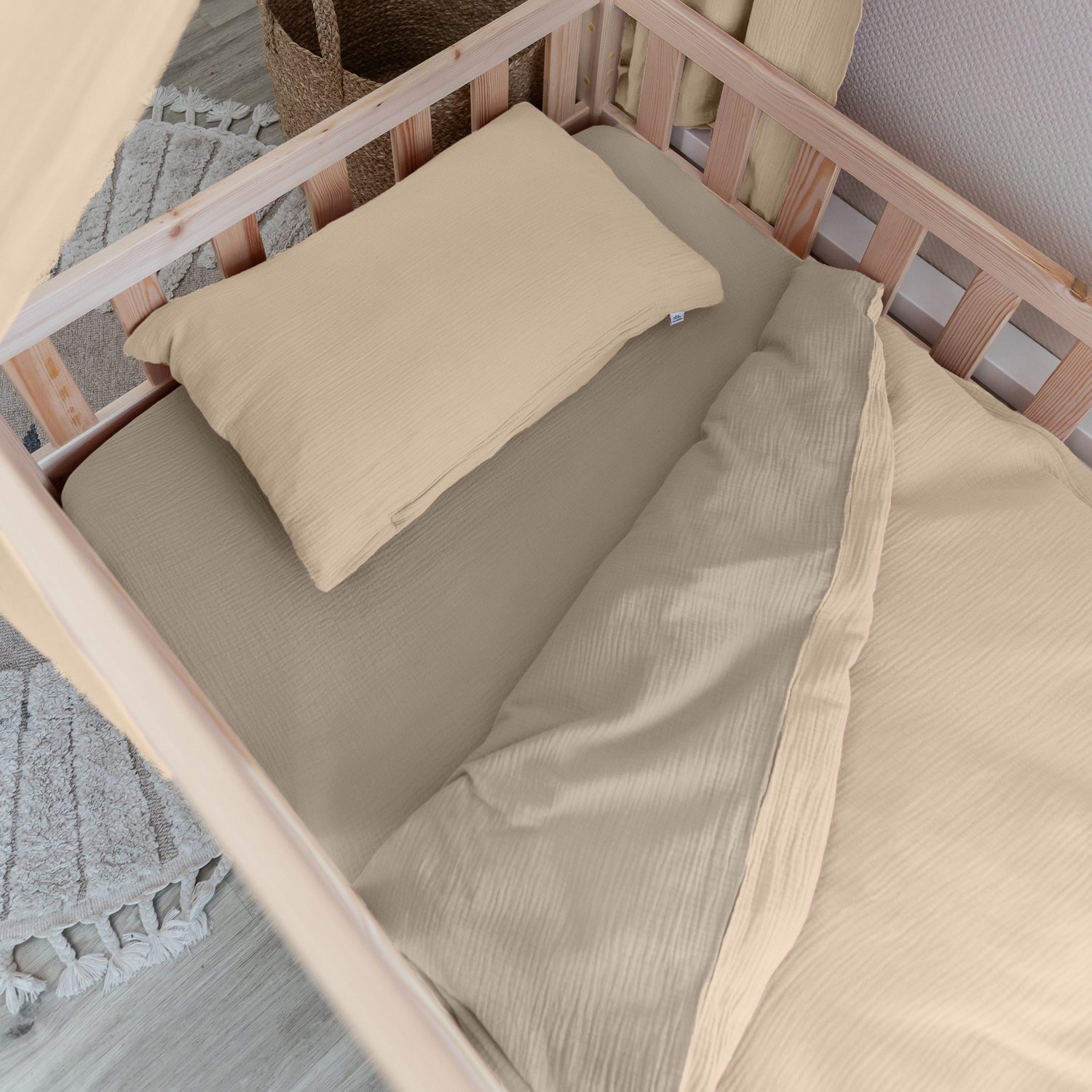 LILIMAUS Kinderdekbedovertrek 135 x 200 cm (Duitse maat) met kussensloop 80 x 80 cm - mousseline katoen - lichtbeige en crème