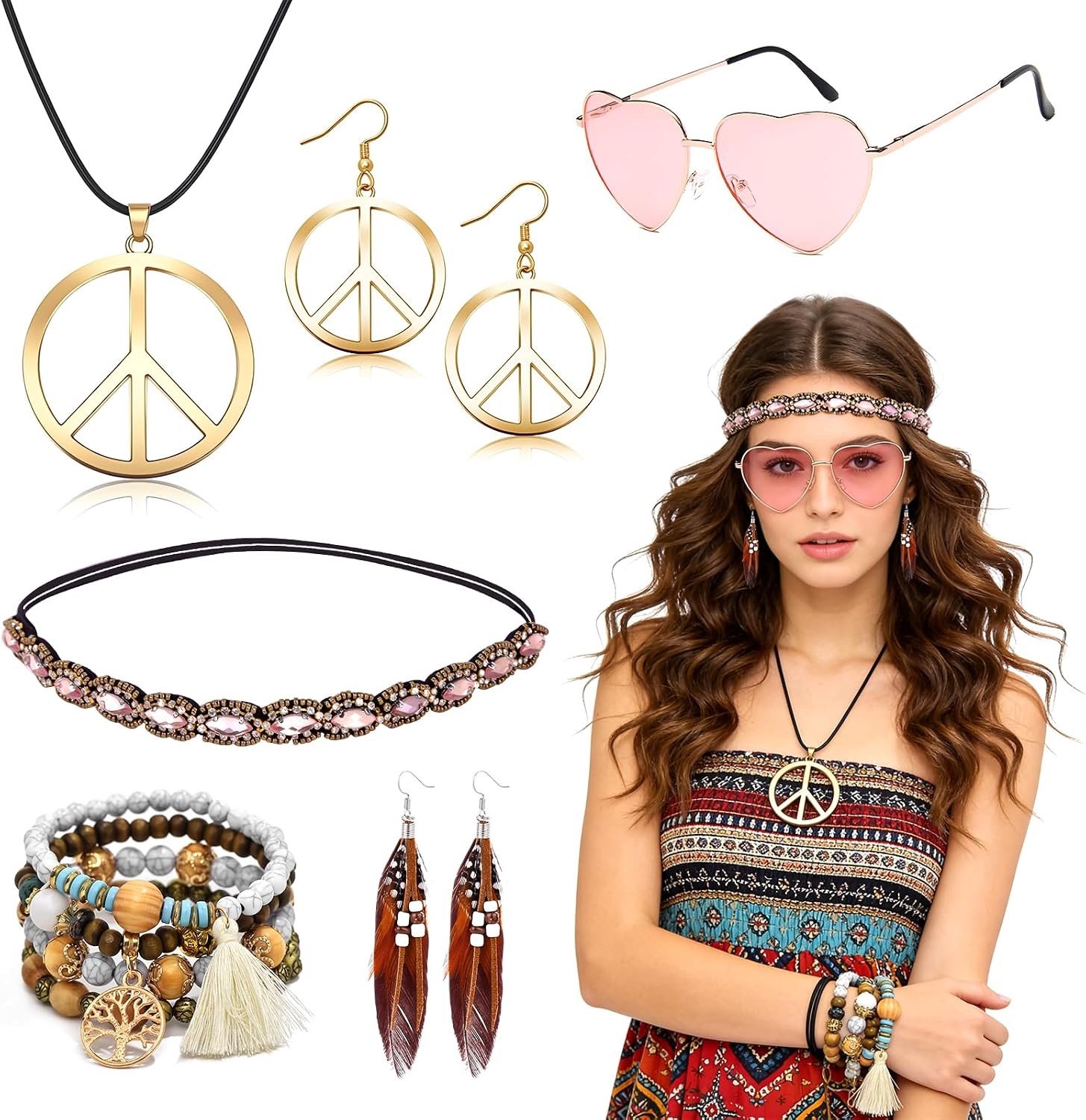 Hippie Accessoires Set voor Vrouwen - 6 Stuks Retro Kostuum met Hart Zonnebril, Vredesteken Sieraden en Boho Haarband voor Feestjes en Thema-avonden