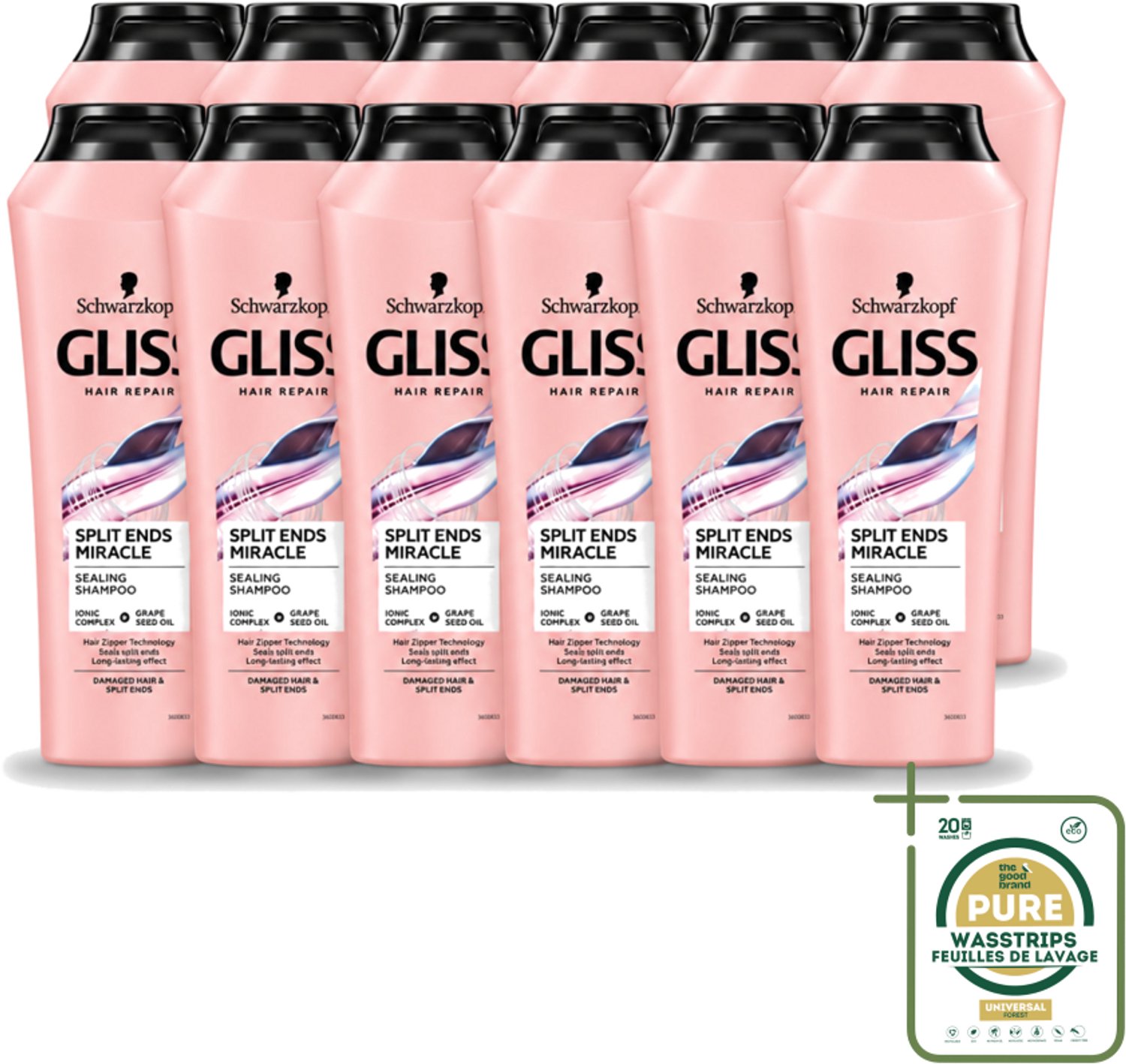 12 x Gliss - Shampoo - Split Hair Miracle - Voor Beschadigd Haar - 250 ml - Wasstrips - Haarverzorging - Gespleten Haarpunten - Beschadigd Haar - Haarherstel - Shampoo Voor Beschadigd Haar