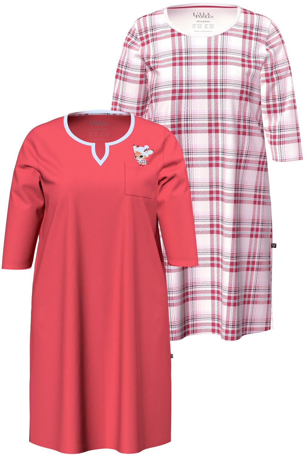 Ulla Popken - Dames - Bigshirts set van 2 ruiten/reekalf ronde hals/tuniekhals - Roodbruin - Maat 42+