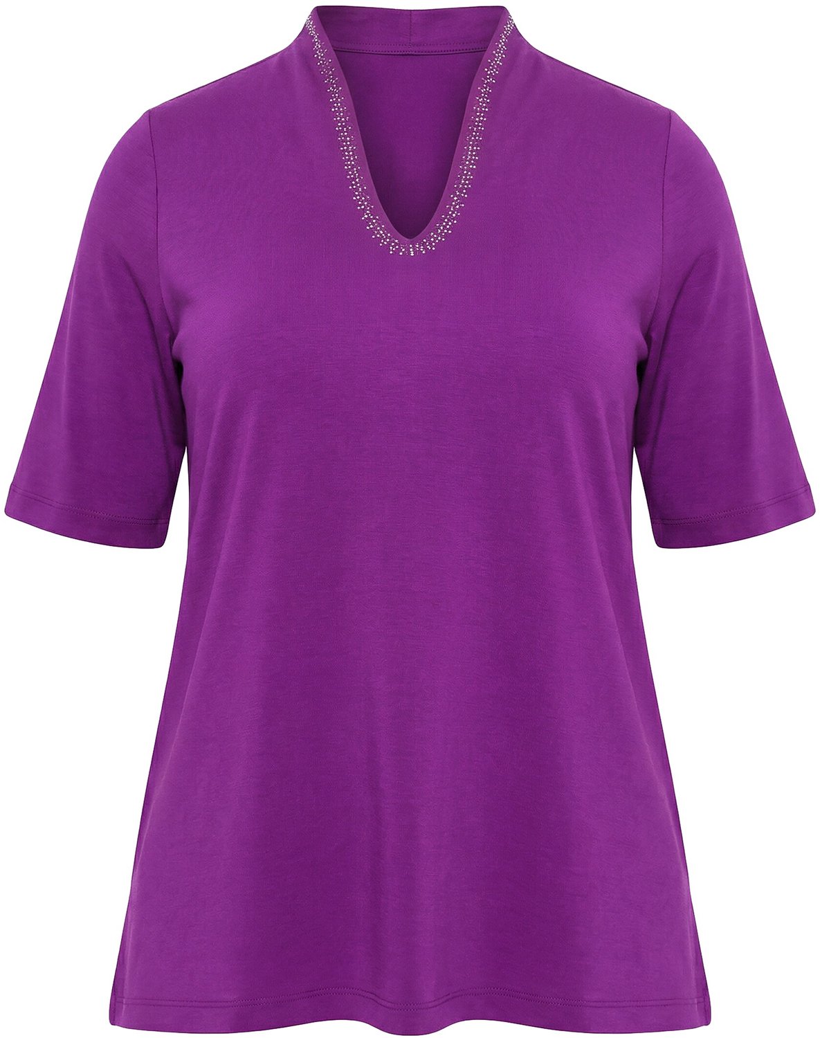 Ulla Popken - Dames - T-shirt gobletkraag V-hals halve mouwen - Bes - Maat 42+