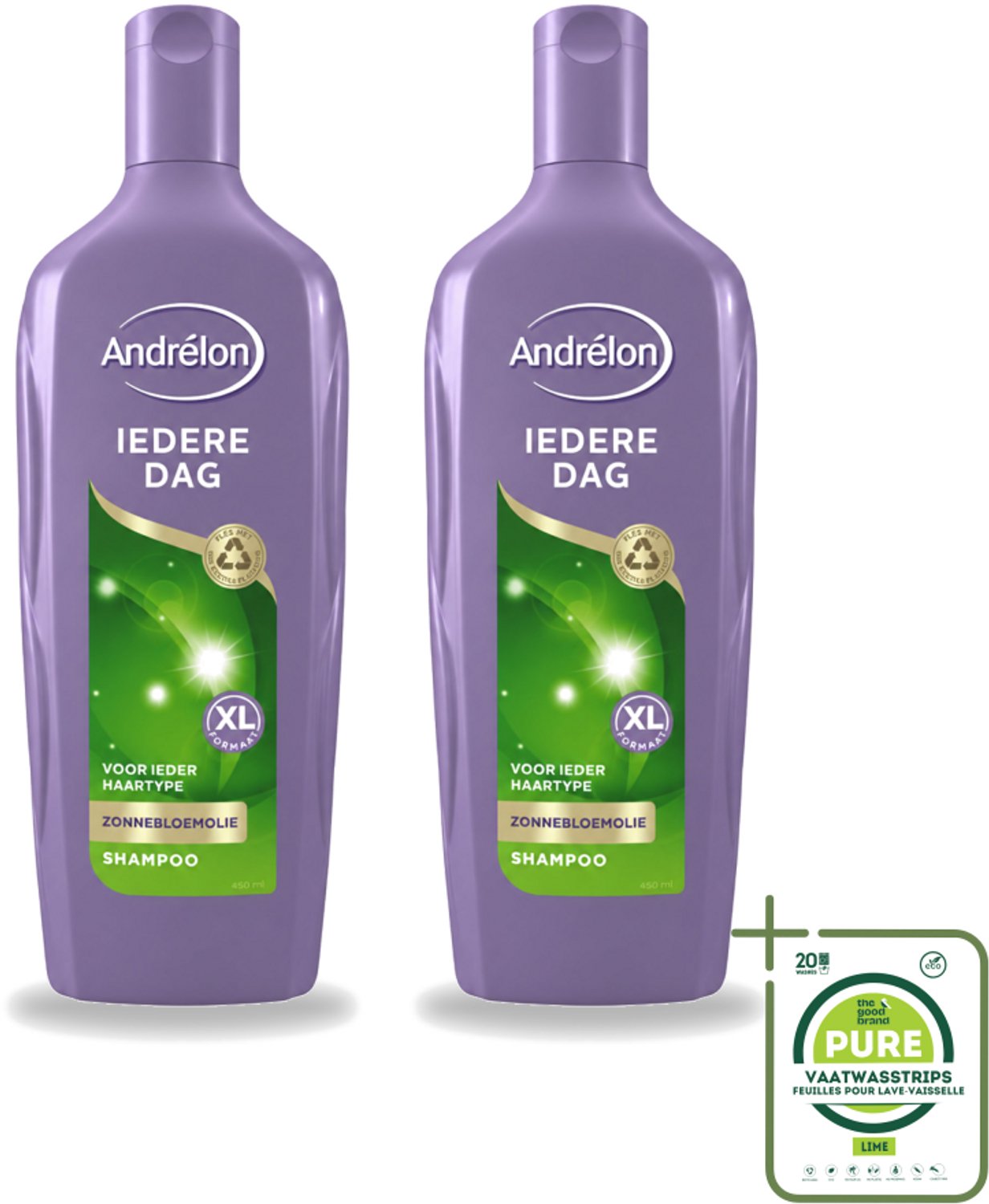 2 x Andrélon - Iedere Dag - Shampoo - 450 ml - Grootverpakking - Vaatwasstrips - Shampoo Dagelijks - Fris Haar - Gezond Haar - Luchtig Haar - Zonnebloemextract