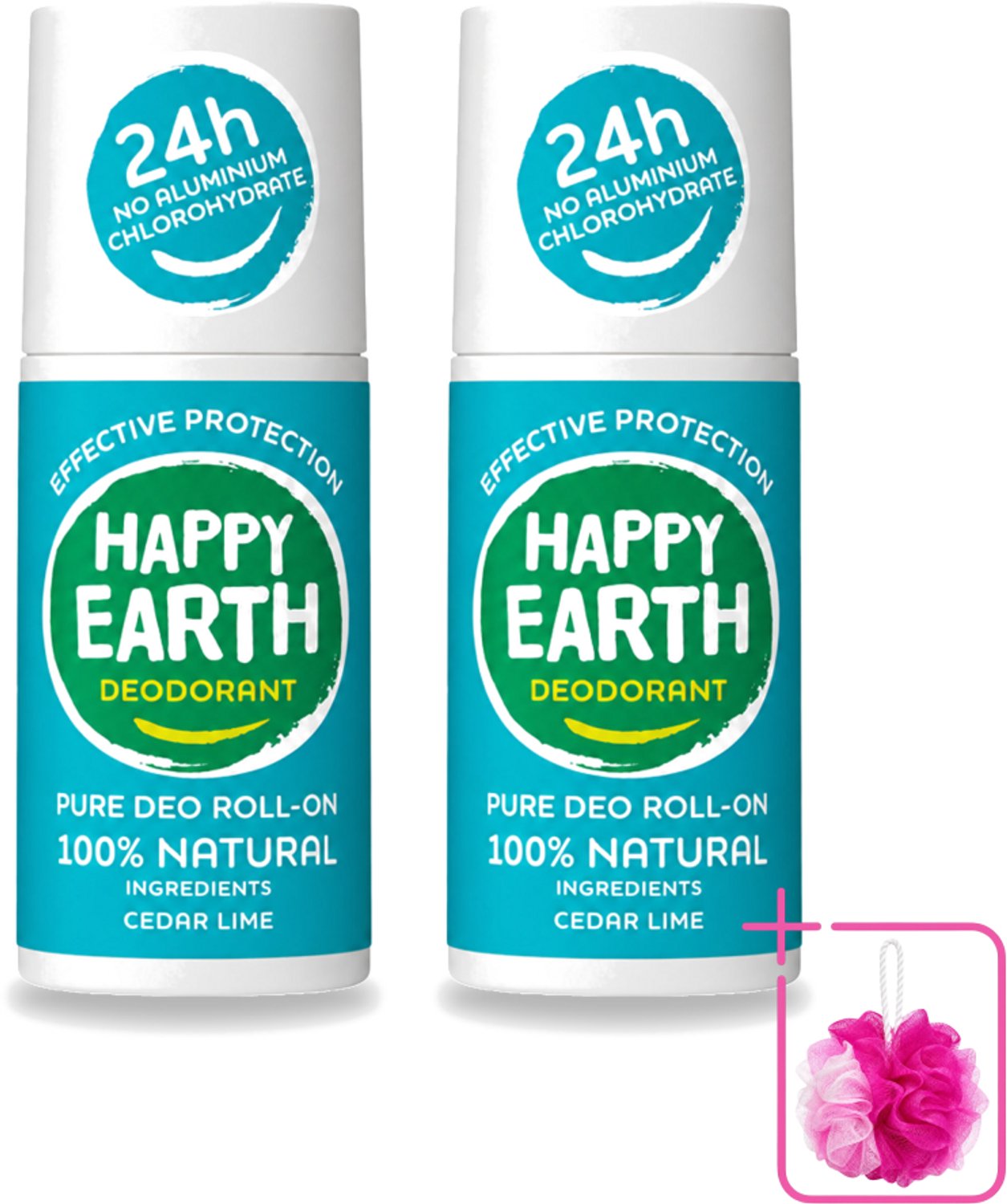 2 x Happy Earth – Deodorant Roll-On – 100% Natuurlijk Cedar Lime – 75 ml - Bulkverpakking - Deodorant - Douchemop - Natuurlijke deodorant