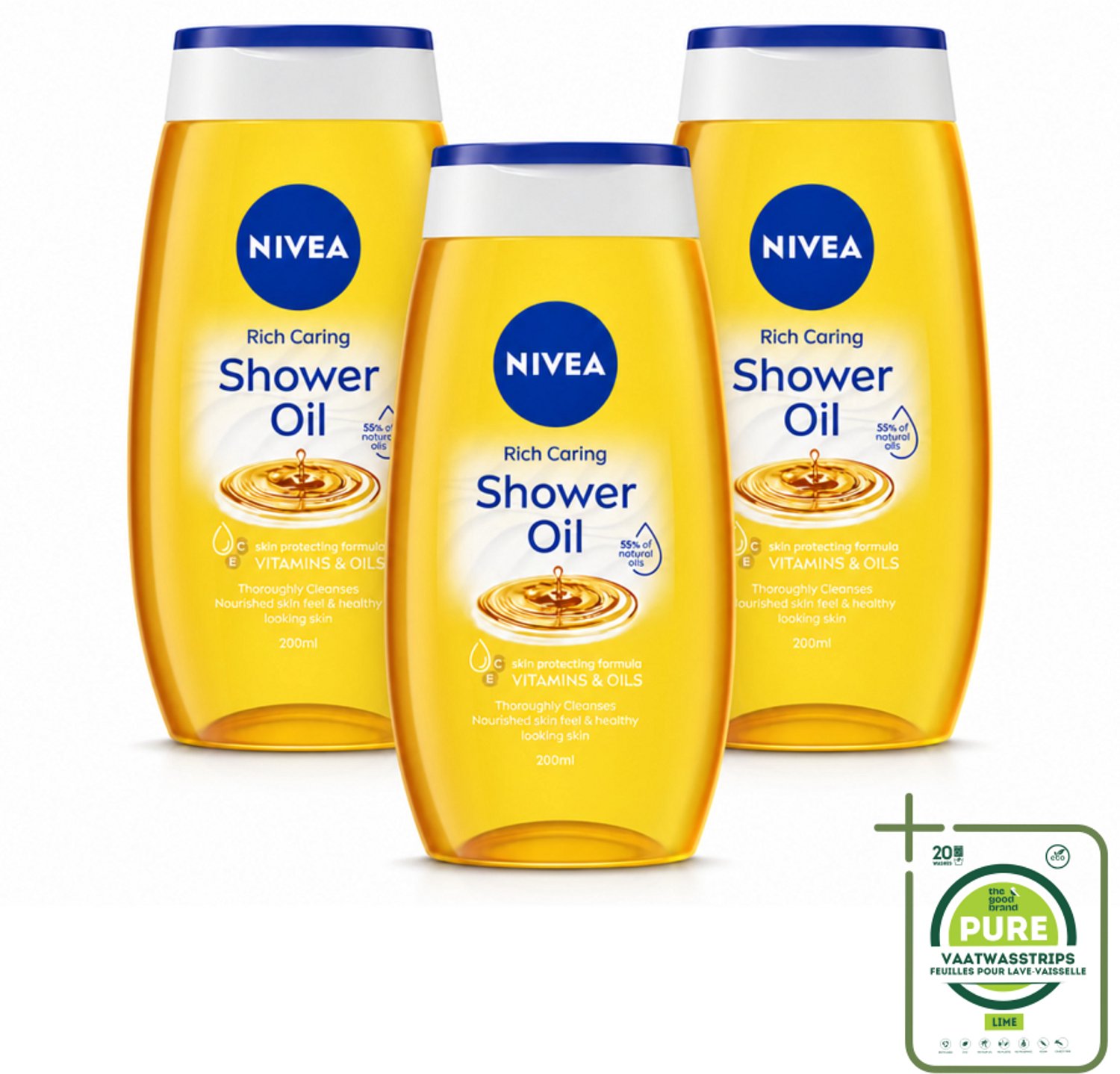 3 x NIVEA - Doucheolie - Natuurlijke Doucheolie - 200 ml - Grootverpakking - Vaatwasstrips - Doucheolie - Natuurlijke Oliën - Huid Verzorging - Zachte Huid - Hydraatatie