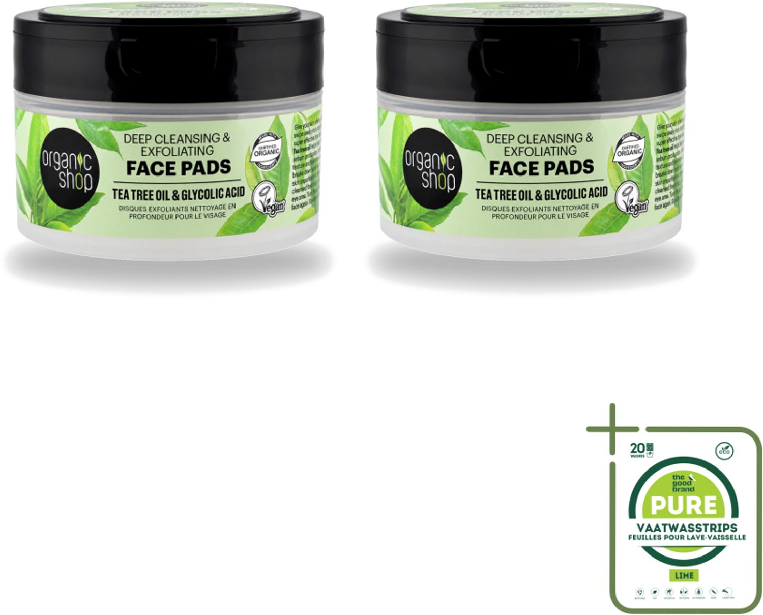 2 x Organic Shop - Face Pads Deep Cleansing - Verfrissend en Reinigen - 20 Pads - Grootverpakking - Vaatwasstrips - Gezichtsreiniging - Diepe Reiniging - Tea Tree Olie - Glycolzuur - Huidverzorging