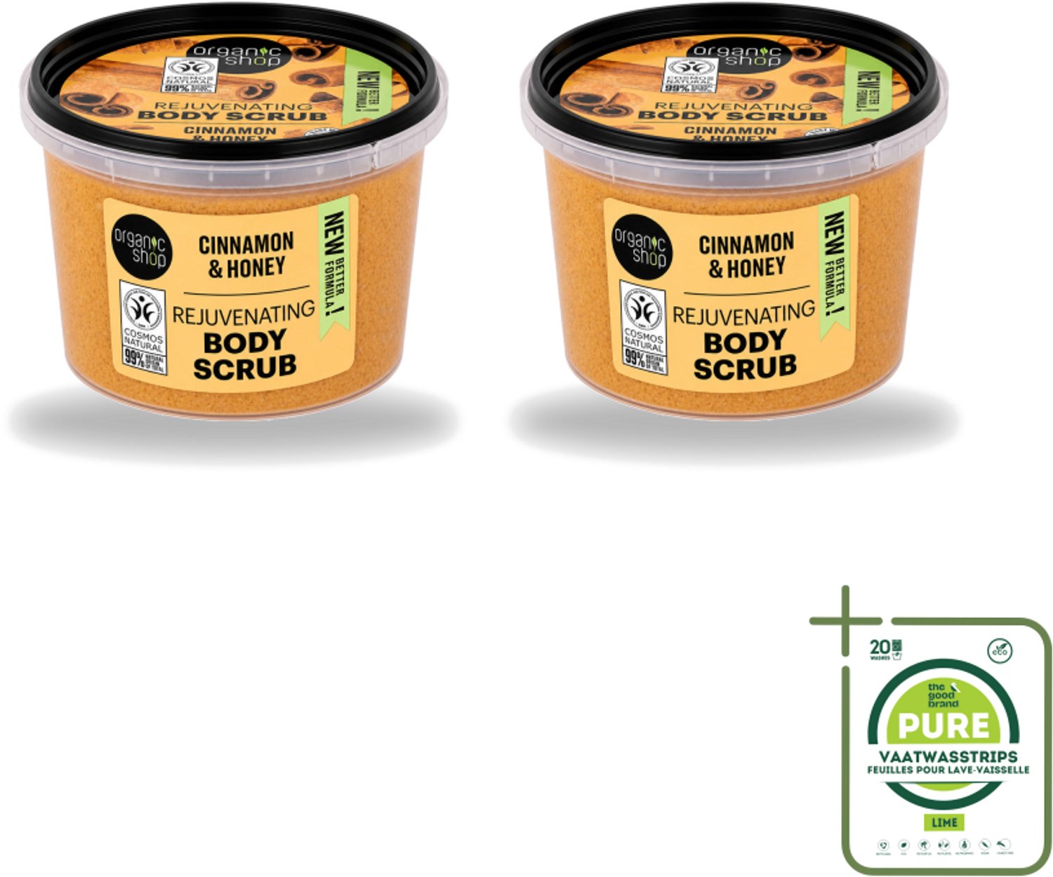 2 x Organic Shop - Rejuvenating Body Scrub Cinnamon - Exfoliërend en Hydraterend - 250 ml - Grootverpakking - Vaatwasstrips - Exfoliatie - Huidvernieuwing - Kaneel - Honing - Natuurlijke Huidverzorging