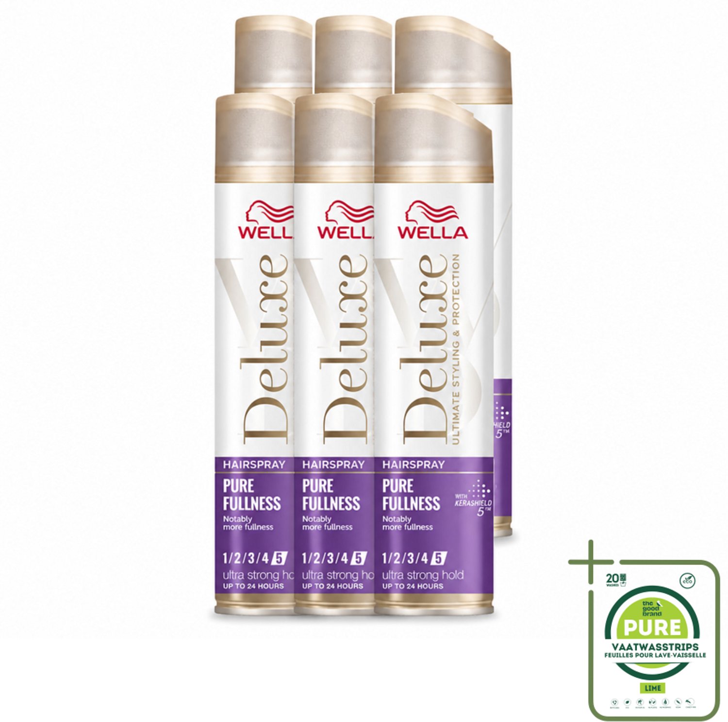 6 x Wella – Deluxe Pure Fullness – Haarspray – 250 ml - Grootverpakking - Vaatwasstrips - Haarspray - Volume - Glans - Hittebescherming - UV Bescherming