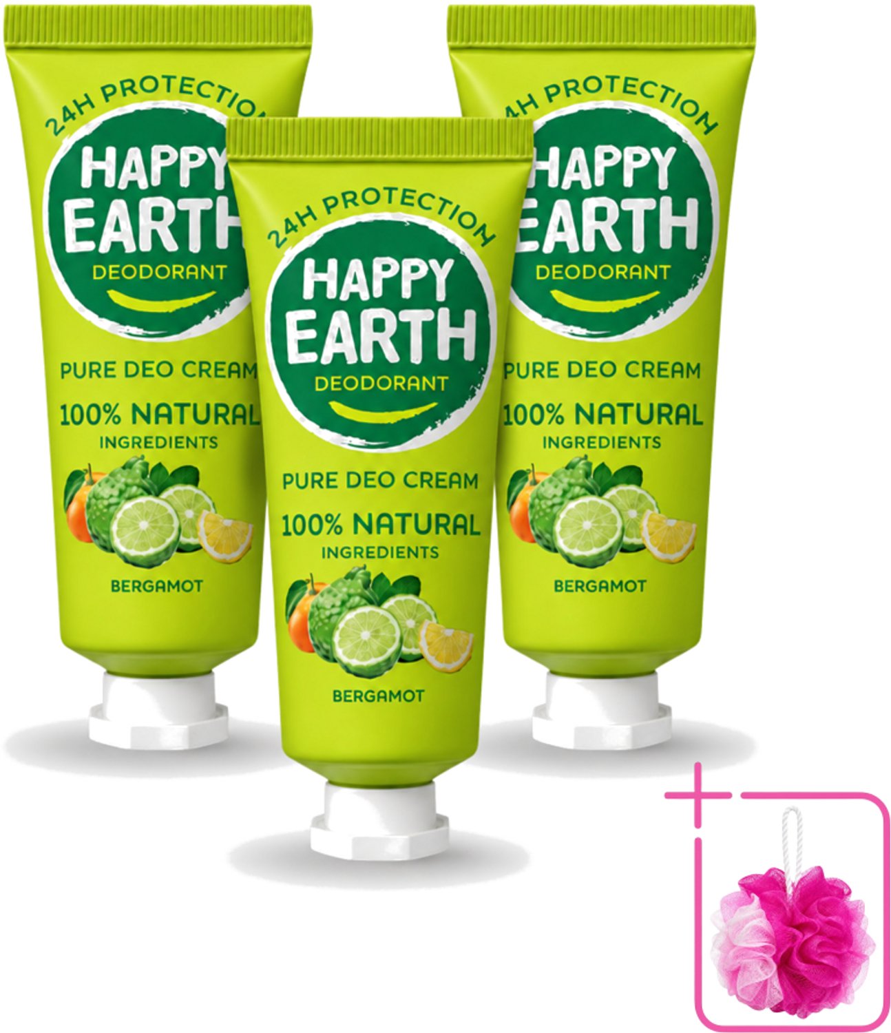 3 x Happy Earth – Deodorant Cream – 100% Natuurlijk Bergamot – 40 ml - Bulkverpakking - Natuurlijke deodorant - Bergamot deodorant