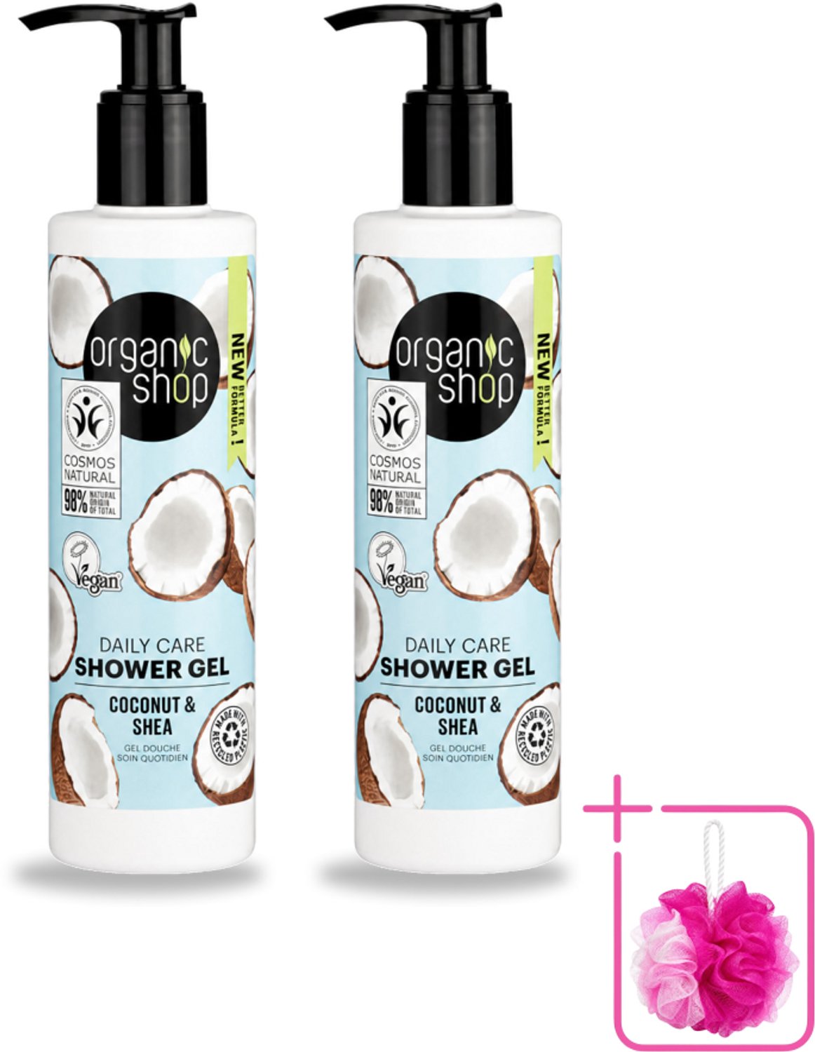 2 x Organic Shop - Daily Care Coconut & Shea Shower Gel - Hydratatie & Verzorging - 280 ml - Bulkverpakking - Douchegel - Douchemop - Natuurlijke douchegel