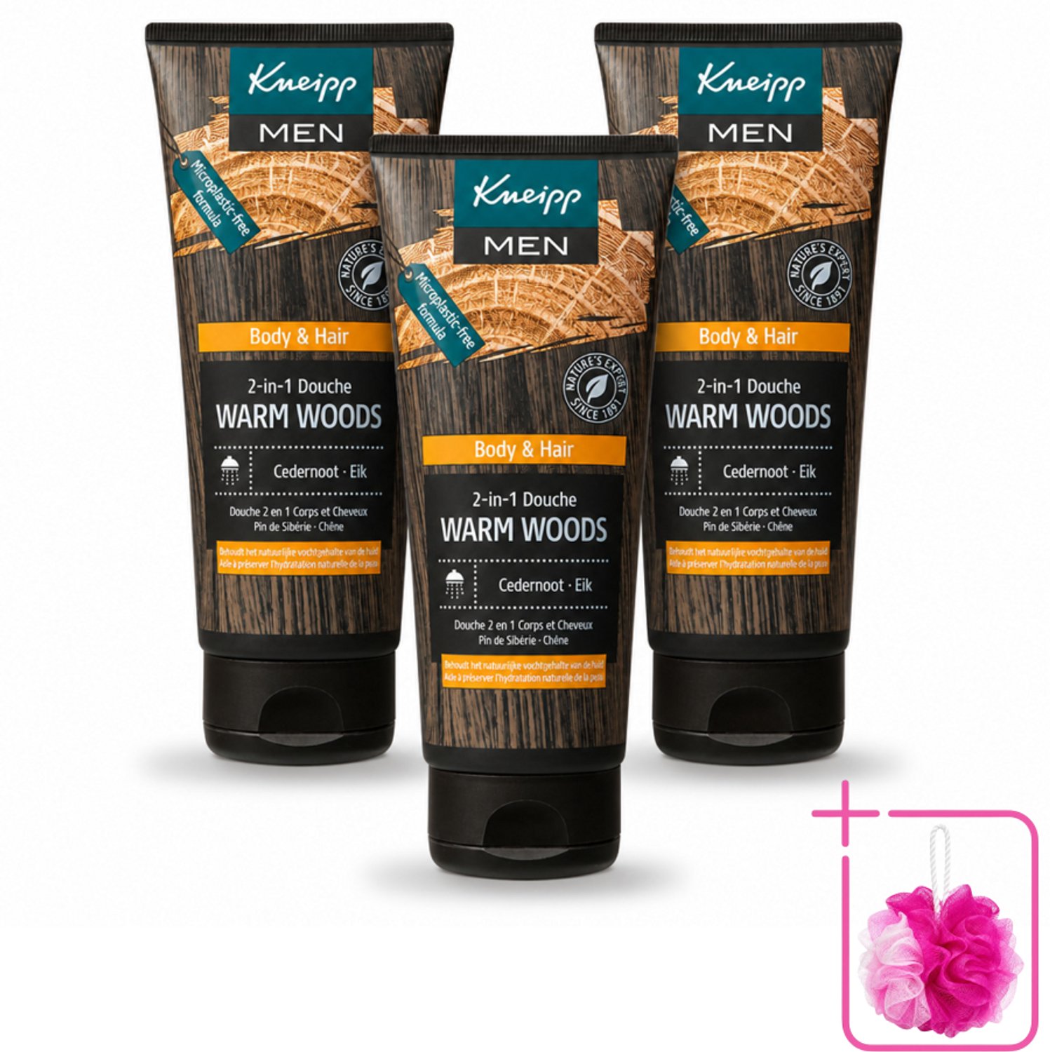 3 x Kneipp - Douchegel - Men - Warm Woods - 2-in-1 - 200 ml - Bulkverpakking - Douchegel voor mannen - Douchemop - Natuurlijke verzorging