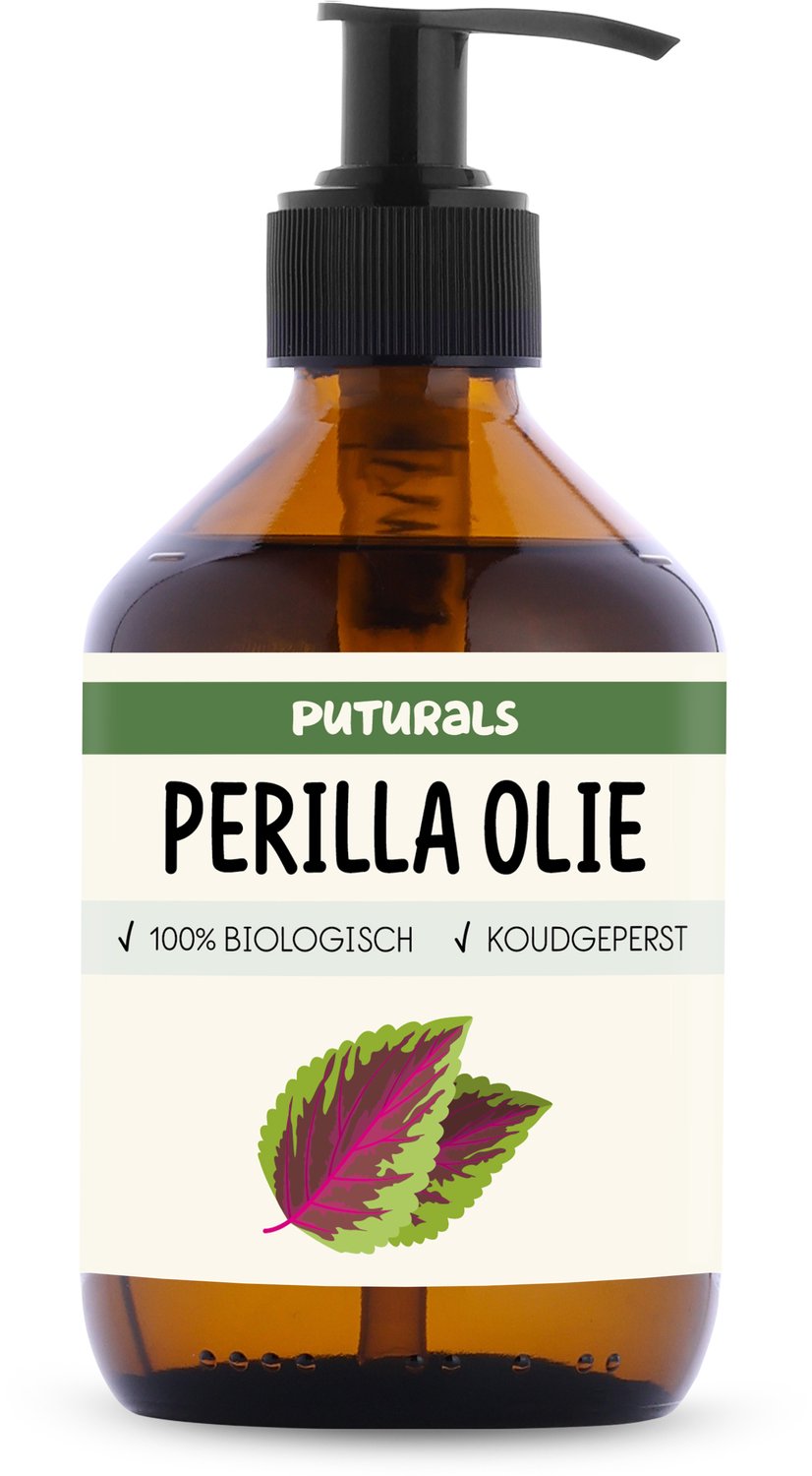 Puturals Perilla Olie 100% Biologisch - 300 ml - Puur en Koudgeperst - Perilla Olie voor Huid, Haar en Lichaam - Rijk aan Omega 3, Omega 6 en Omega 9 - Perilla Oil voor Huidolie - Bruine Glazen Fles + Pomp