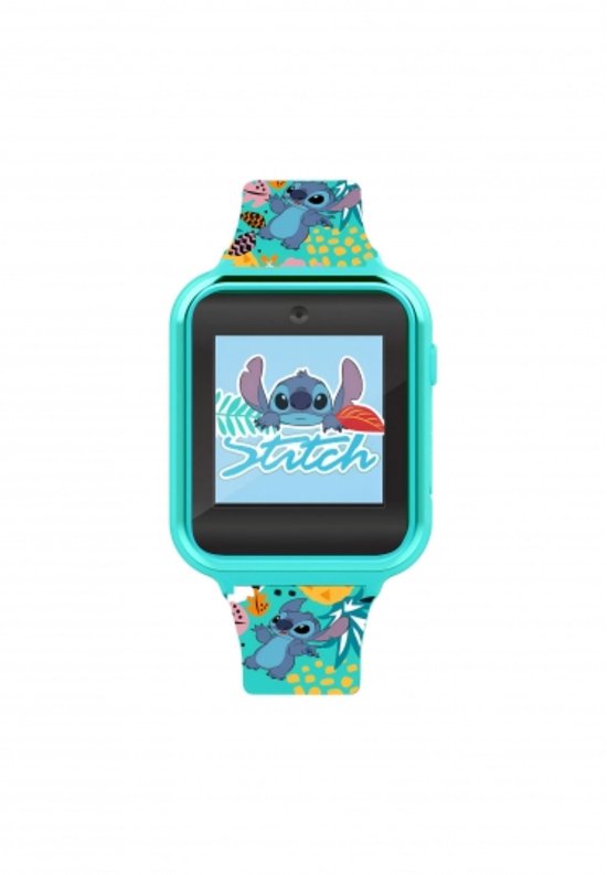 Turquoise Disney Stitch smartwatch met tropisch patroon op de band en Stitch-afbeelding op het scherm.