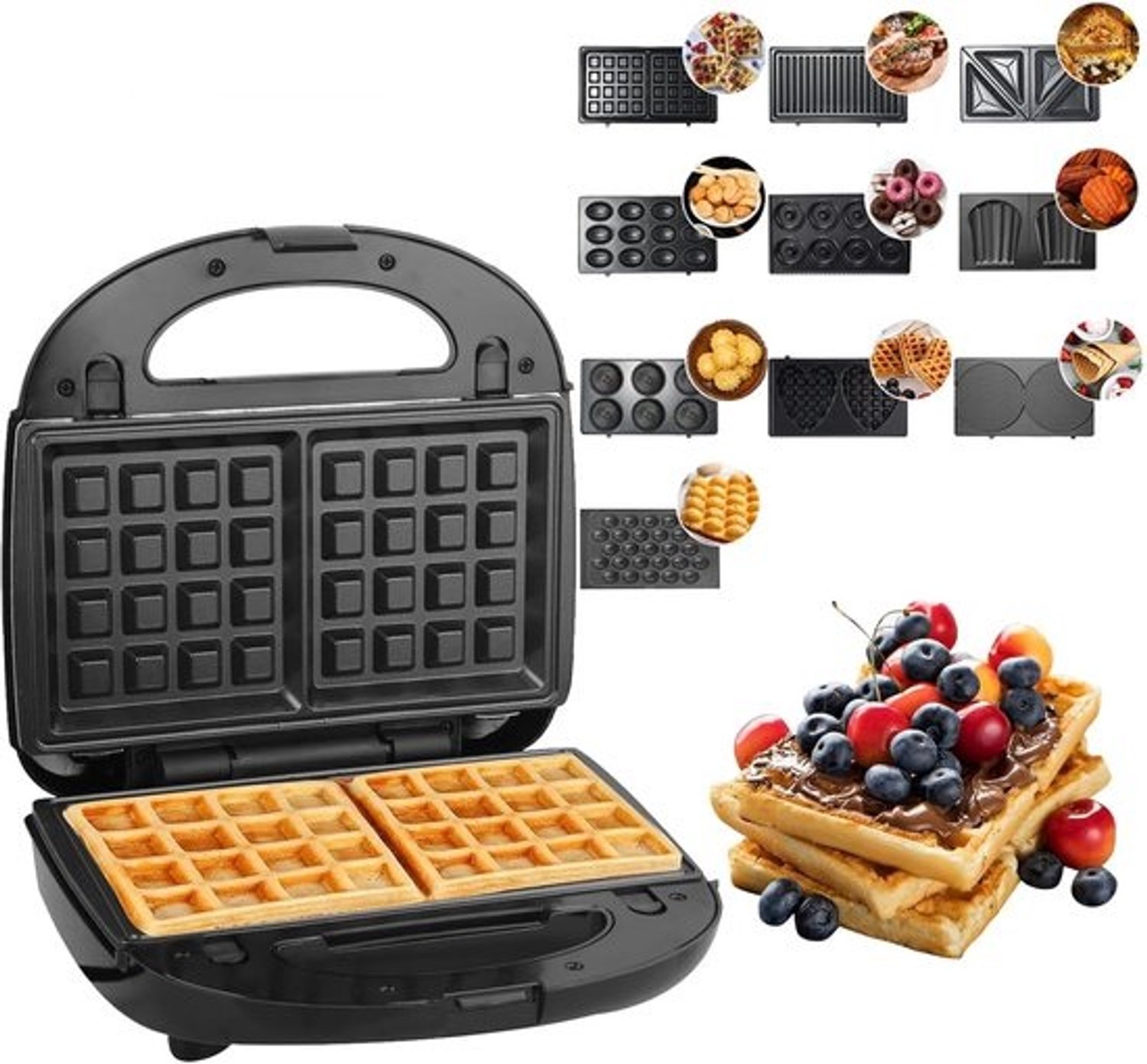 Wafelijzer 10-in-1 - Sandwichmaker en grill - Diverse snacks maken - 20 afneembare platen - 750 Watt - Zwart
