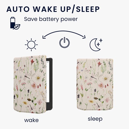 kwmobile e-reader hoesje geschikt voor Pocketbook Verse/Verse Lite/Pro/Color/Vivlio Light HD hoes - E reader flip case met magnetische sluiting - Ereader cover - Daisy-varens design in wit / geel / groen — afbeelding 3