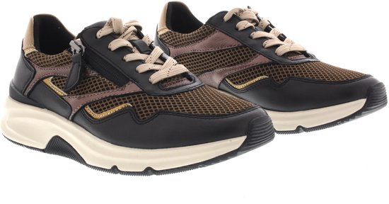 Paar Gabor Rolling Soft sneakers in zwart, brons en beige met veters, rits en dikke beige zool.