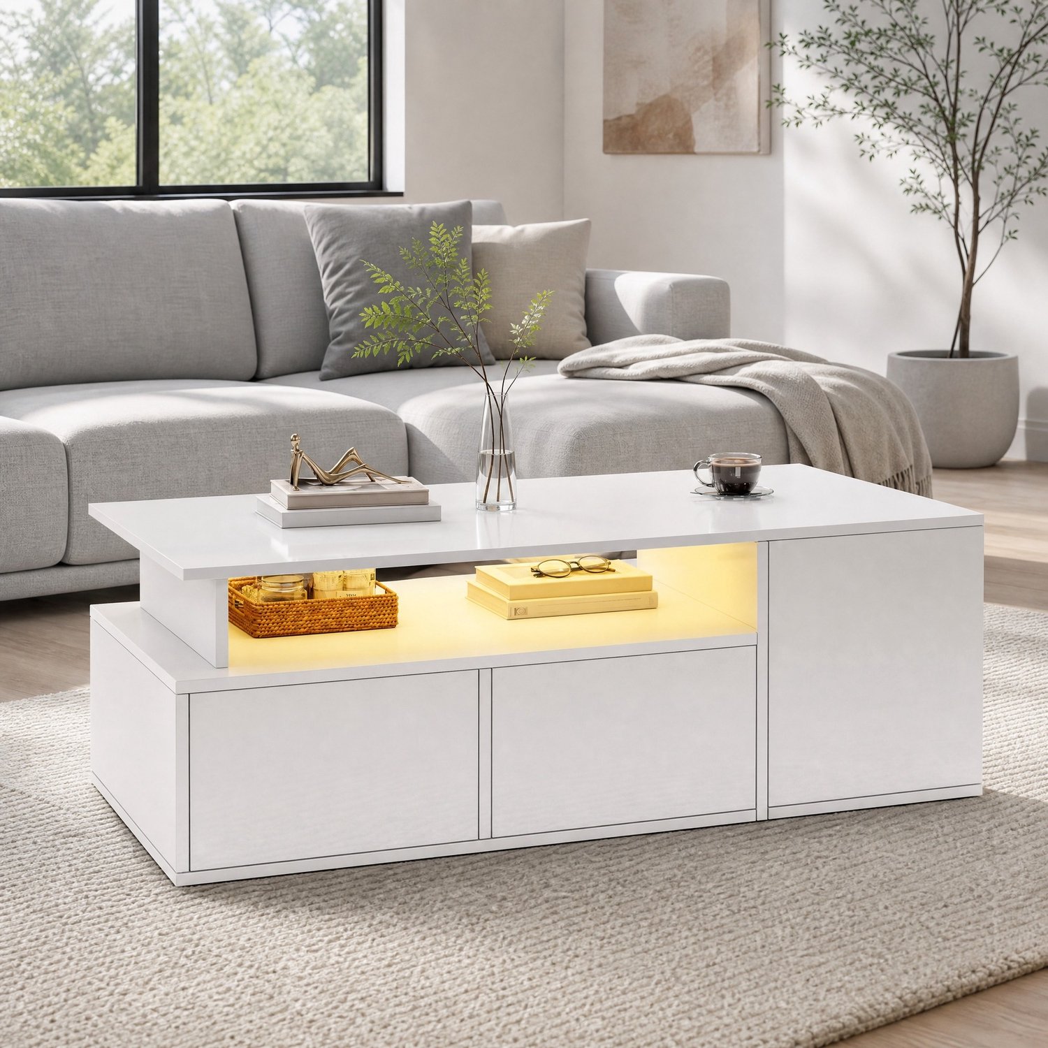 CHICFURN Salontafel - LED-verlichting - 2 lades - 3 niveaus - Wit