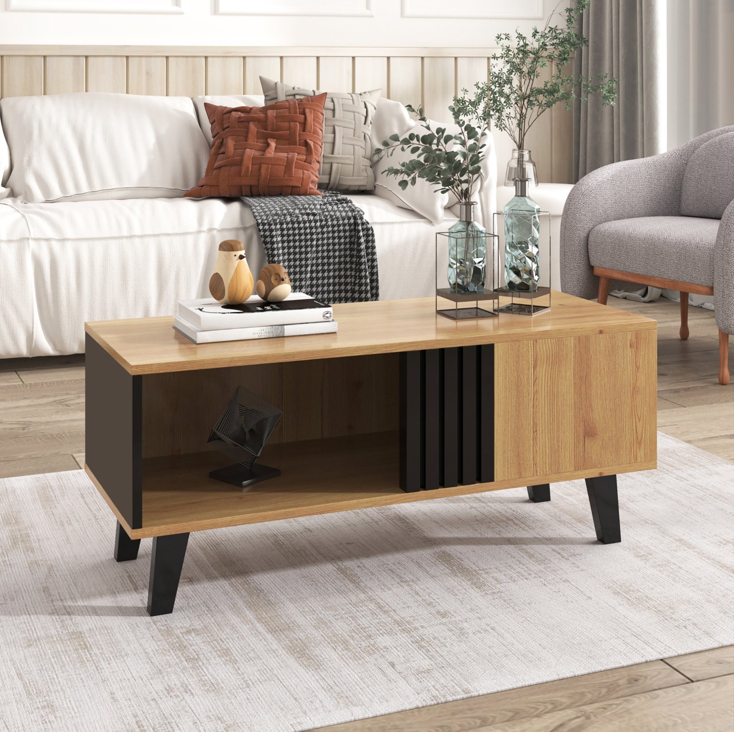 CHICFURN Salontafel - Opbergruimte - Open vakken - Rechthoekig - Zwart en naturel