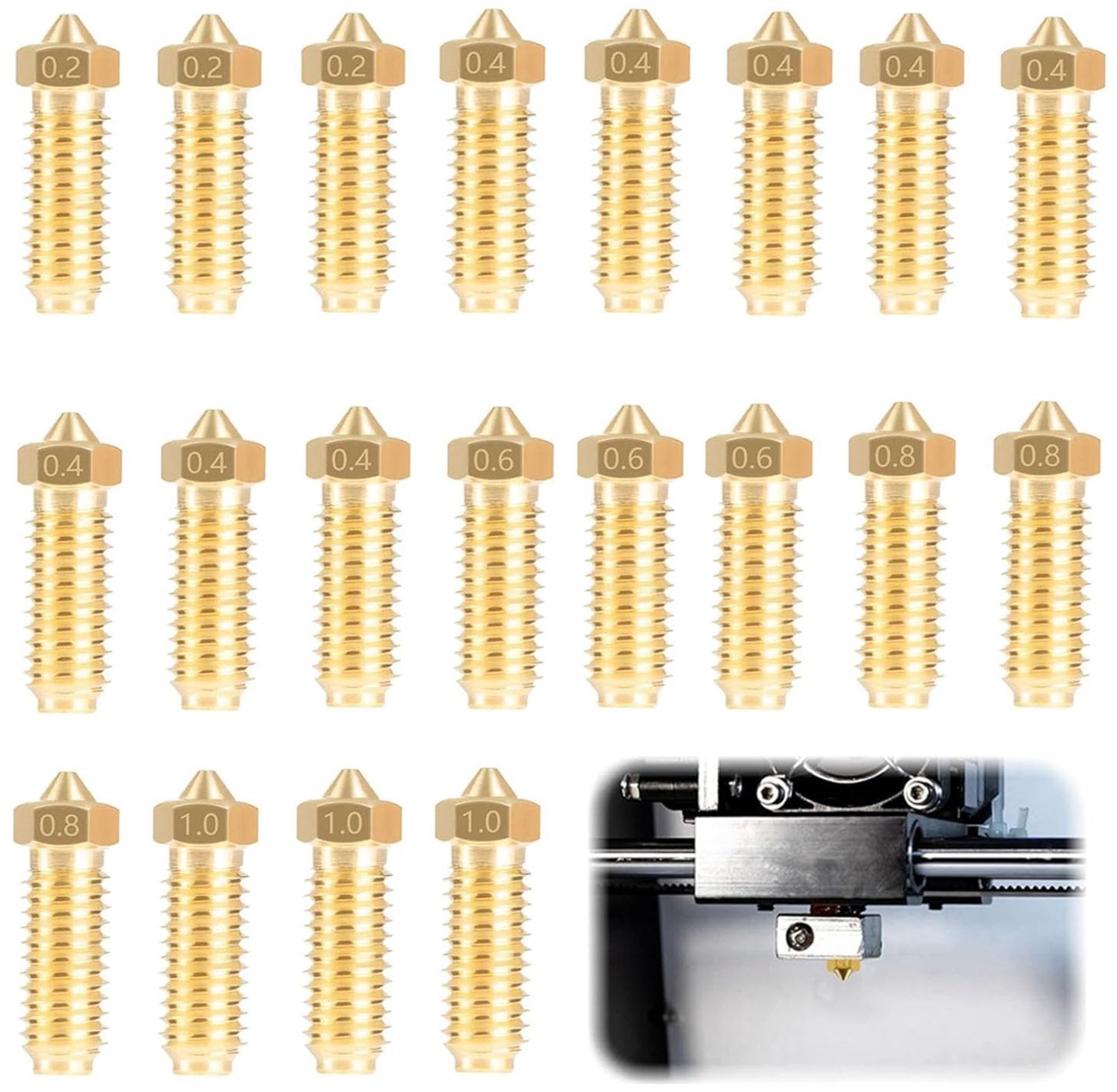 Set van 20 Messing Spuitmonden, 8x 0.4mm en 3x 0.2mm, 0.6mm, 0.8mm, 1mm Spuitmonden voor 3D-printers, Precisie, Vervangingsonderdelen, 3D-printaccessoires