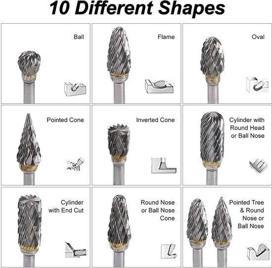 Set van 10 Dubbel Geslepen Tungsten Carbide Frezen voor Rotatietools, Geschikt voor Houtbewerking, Metaalbewerking en Graveren — afbeelding 4