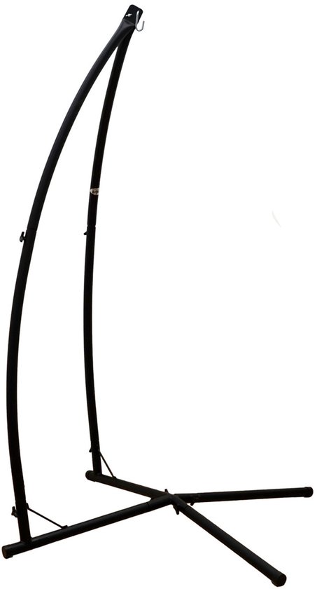 Zwarte metalen standaard voor hangstoel met gebogen frame en x-vormige voet.