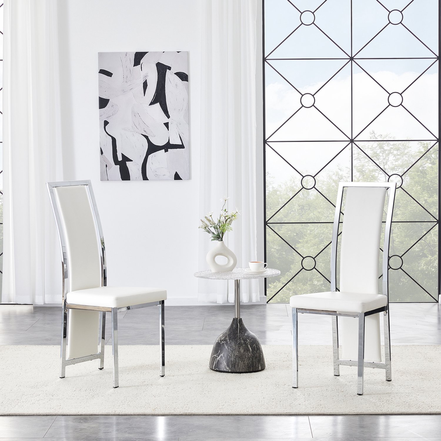 Clruro Eetkamerstoelen - Hoogte 109 cm - Set van 2 - Hoge Rugleuning - PU/Metaal - Wit/Zilver Wit + zilver