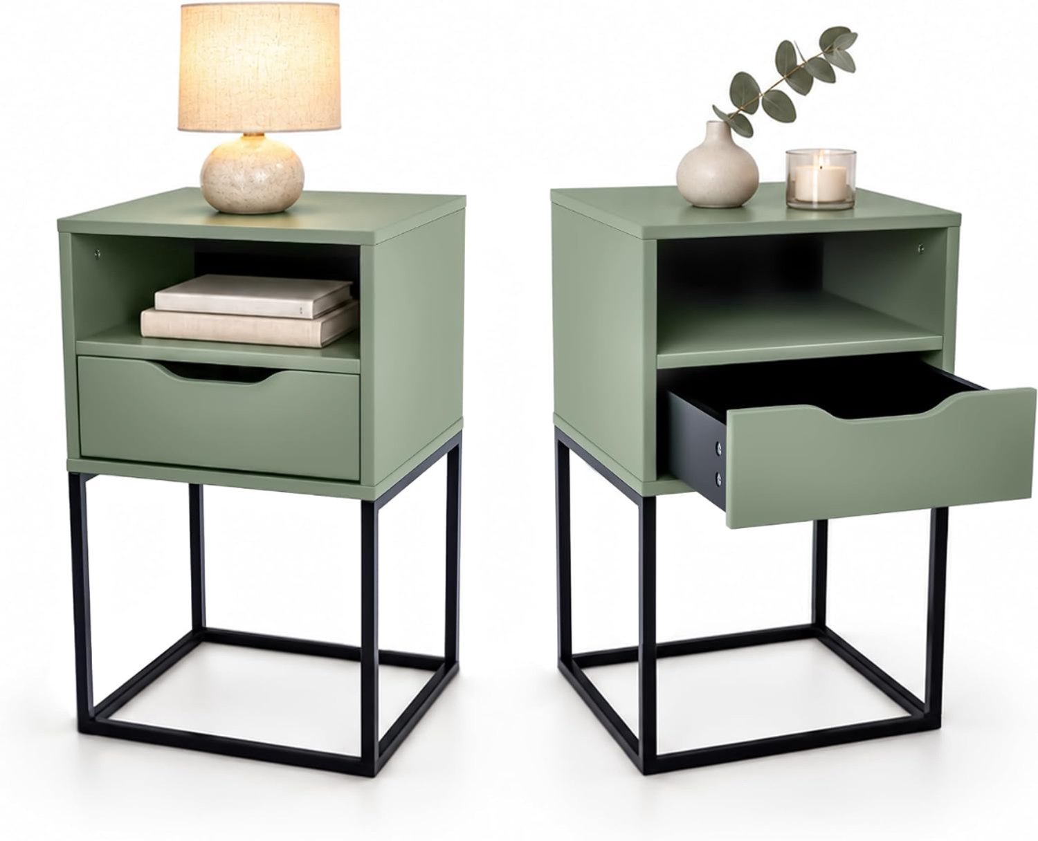 KLS® Nachtkastje - Nachtkastje Hout - Nachtkastje Lamp - Olijfgroen - 38cm x 36cm x 63cm