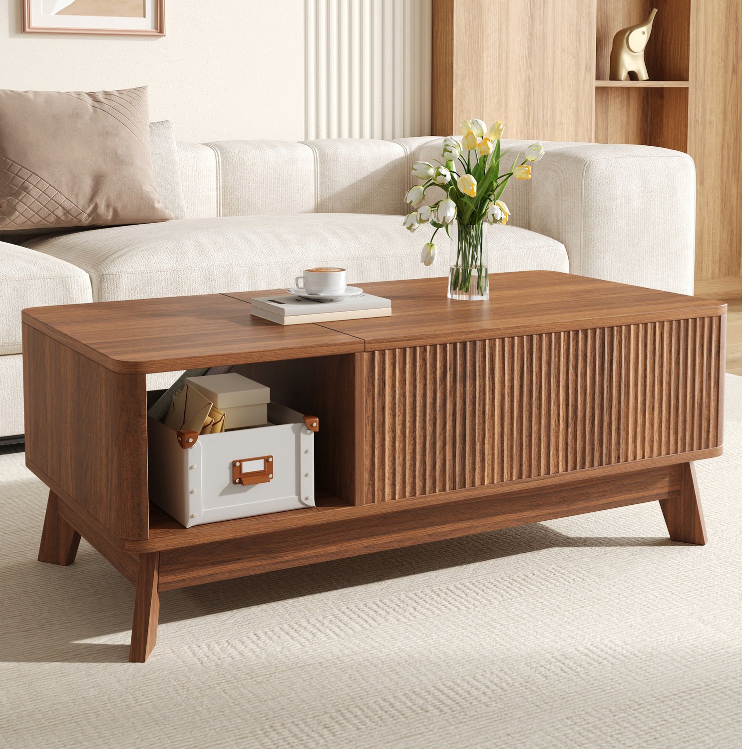 CHICFURN Salontafel - Verstelbaar - Opbergruimte - MDF - Walnoot