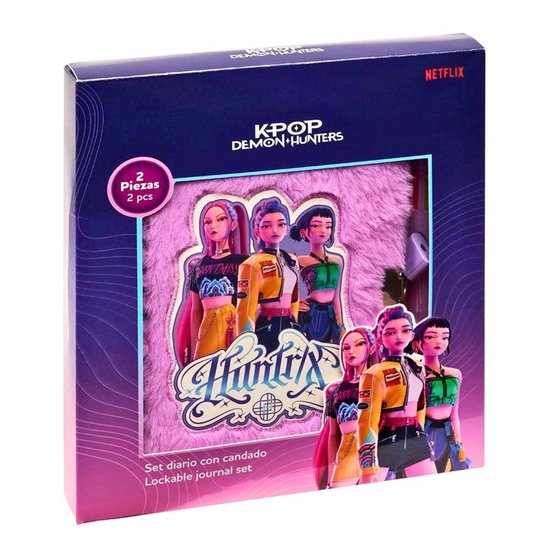 Ensemble de 2 pièces : journal intime K-Pop Demon Hunters à couverture en peluche avec cadenas et un stylo multicolore.
