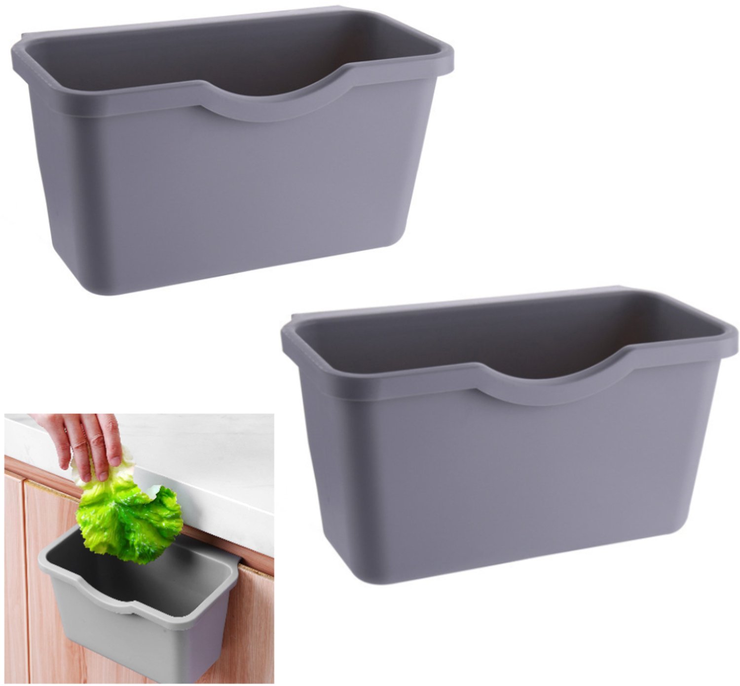 2-delige set – Afvalbak - Prullenbak - Hangend – Geschikt voor kookeilanden, kasten, garderobekasten, bureaus, voorraadkasten (Grijs – 25 x 9,5 x 15,5 cm)
