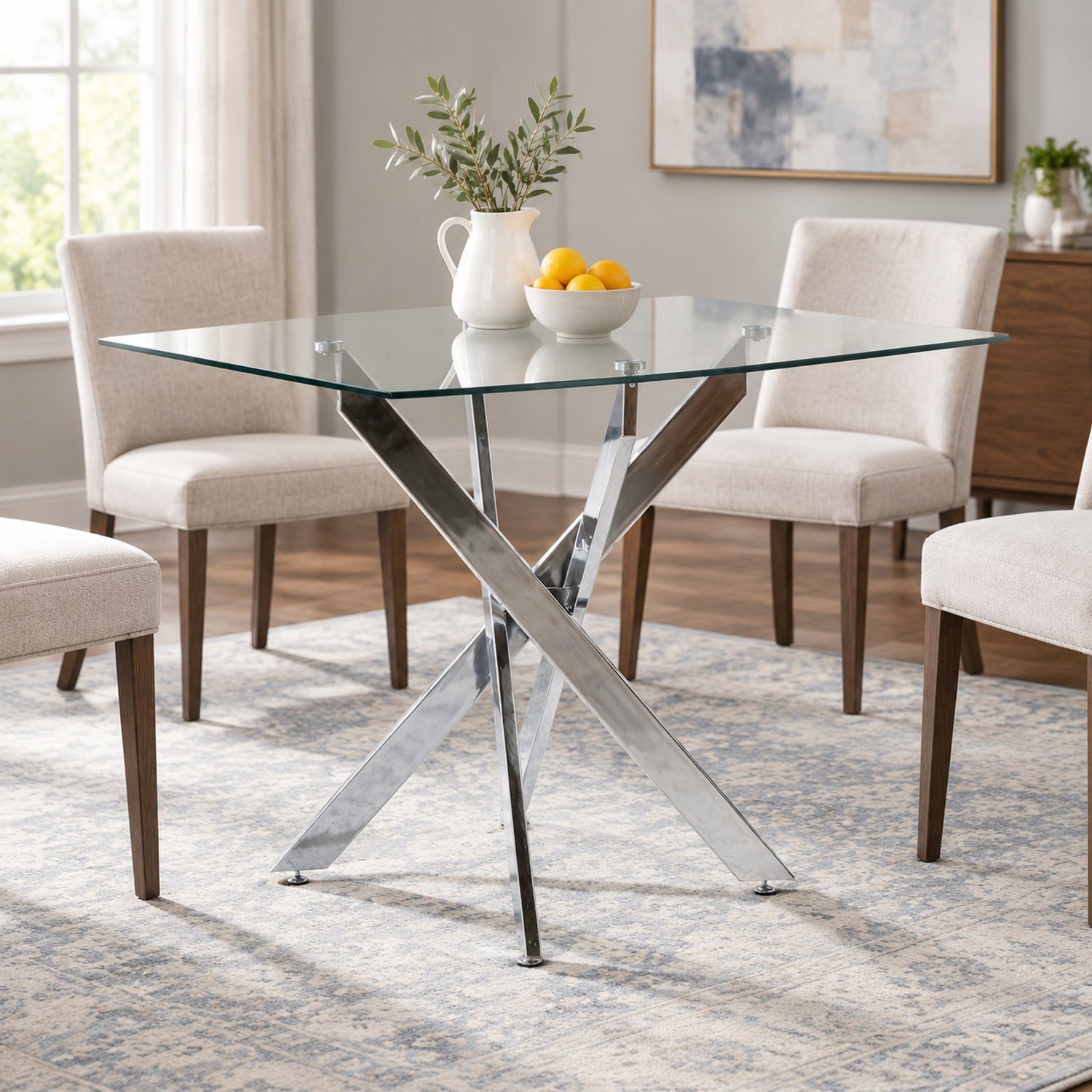 CHICFURN Eettafel - Glazen tafelblad - Metalen X-poot - Zilver
