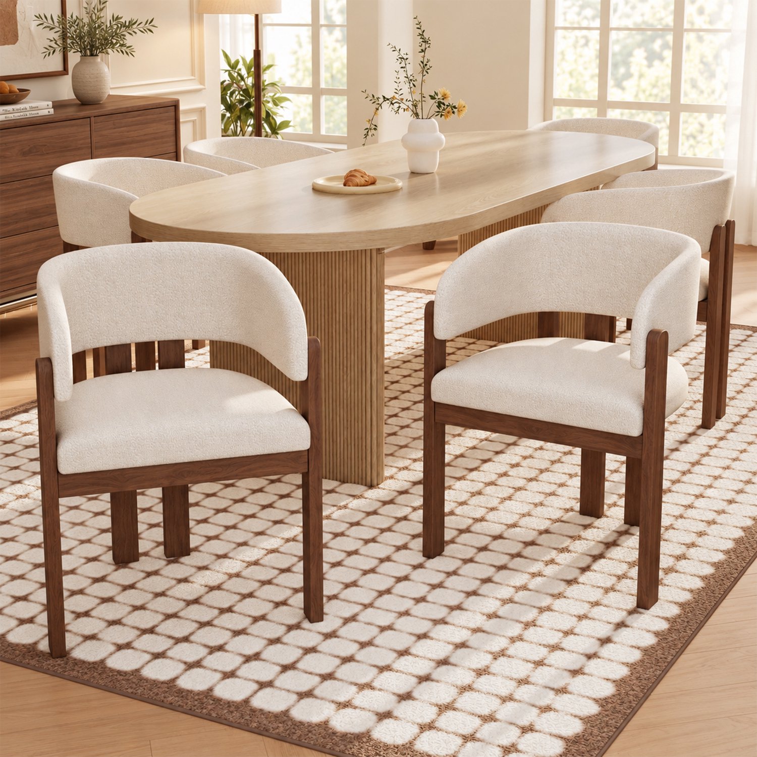 Clruro Eetkamerstoelen - Set van 6 - met Armleuningen - Massief Hout/Bouclé - Walnootkleur/Beige