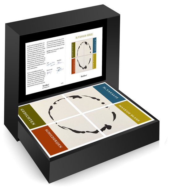 Zwarte geschenkdoos met vierkante kunstkaarten en informatieblad over de M. Vasalis serie.