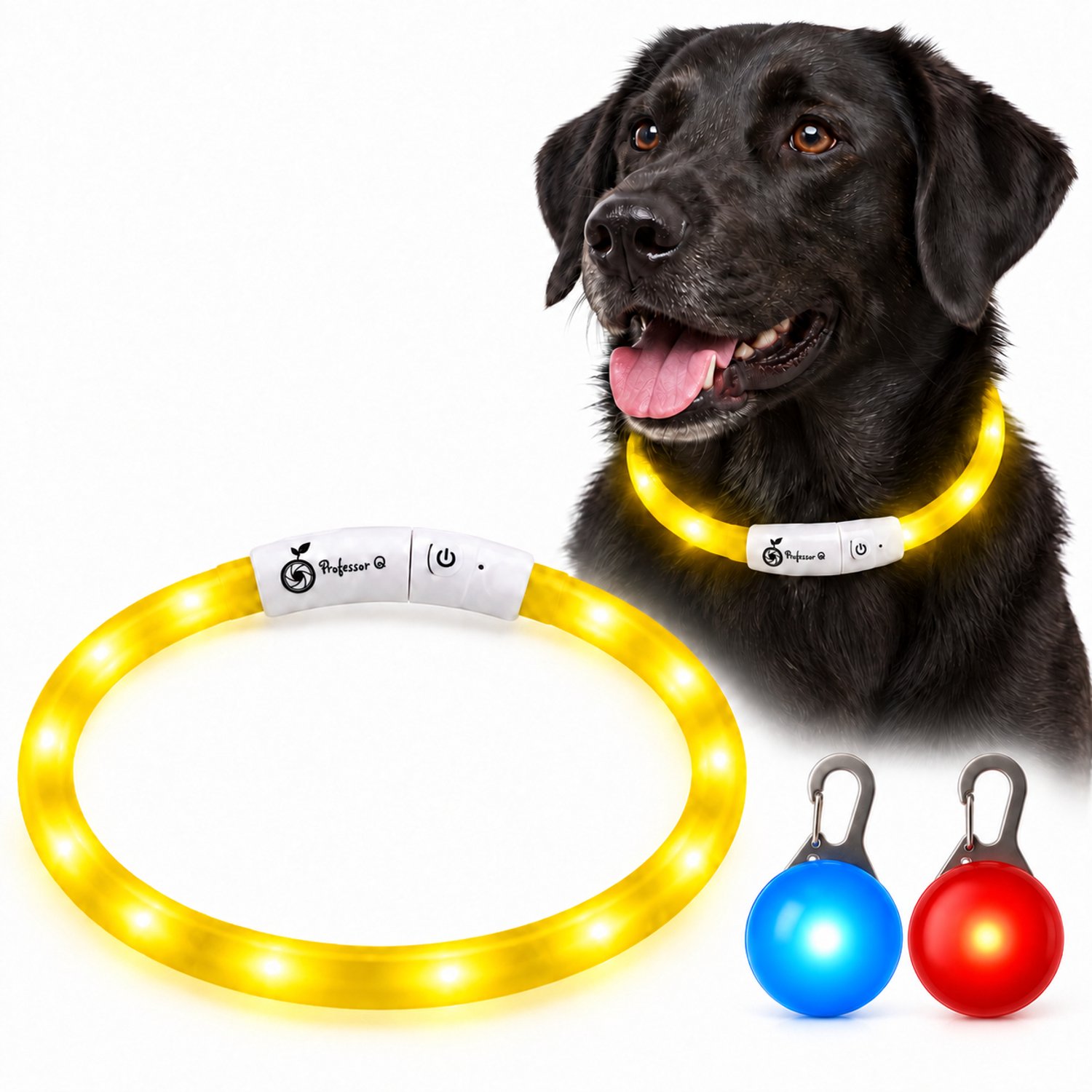 Professor Q LED Hondenhalsband Set - Geel S 36 cm - USB Oplaadbaar - 3 Lichtstanden - Met Blauw en Rood LED Lampje