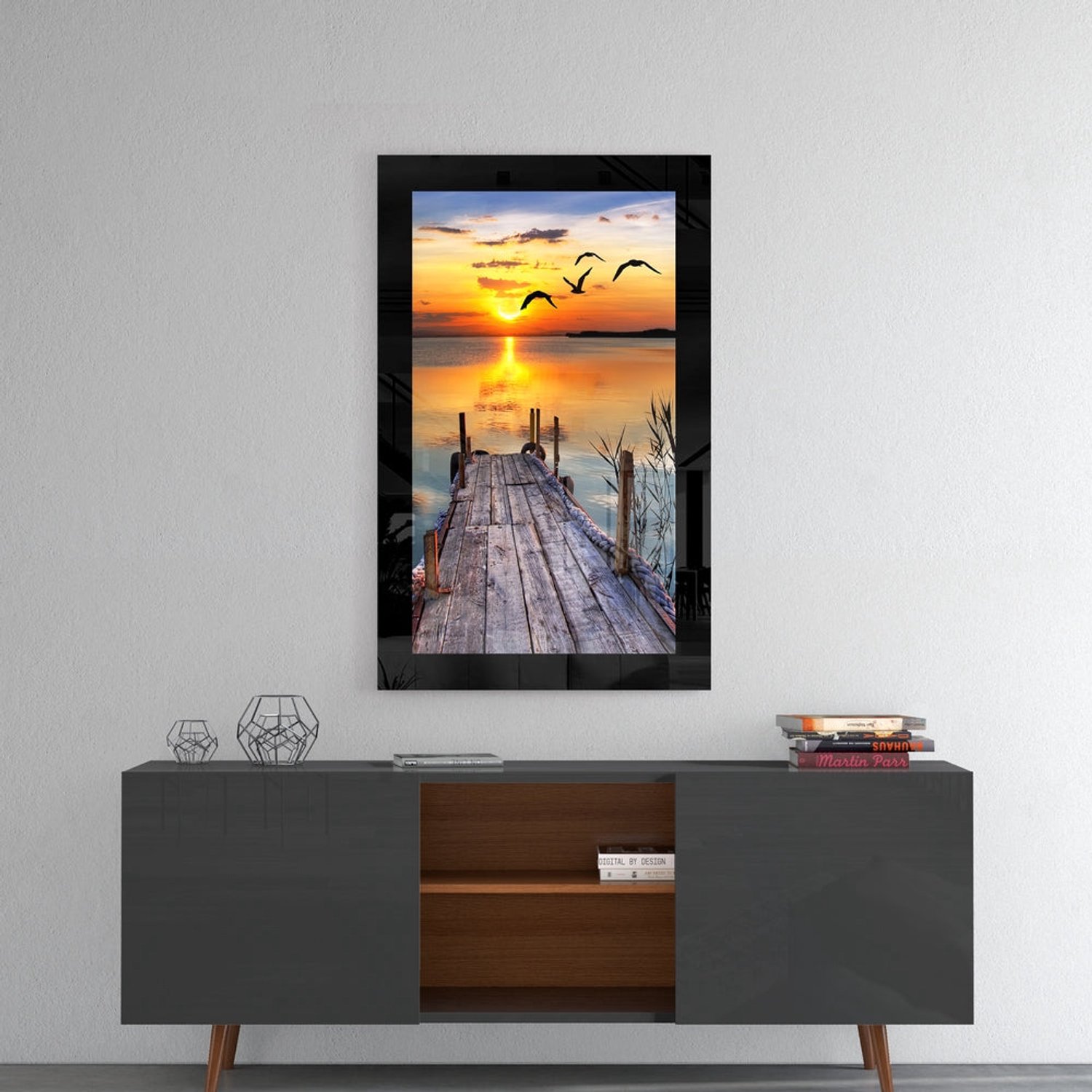 Glasschilderij – Zonsondergang en de Vogels – Artistieke Wanddecoratie