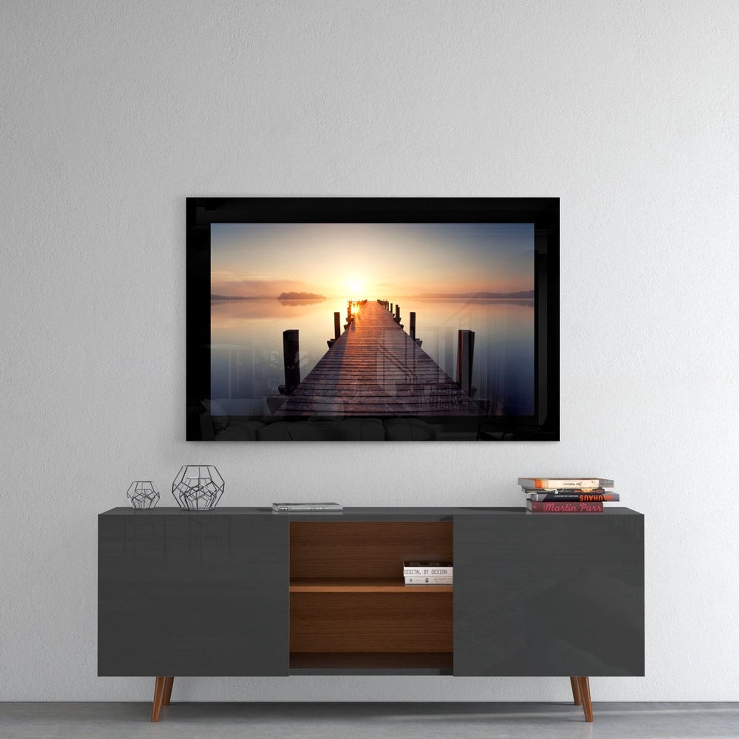Glasschilderij – Mistige Meersteiger bij Zonsopkomst – Moderne Wanddecoratie